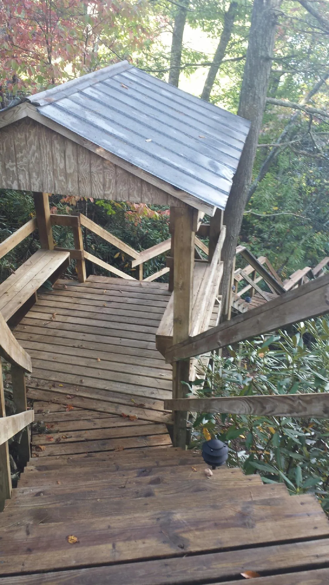Metal roofed shelter over wooden steps on a wooded walkway — Skylight Repair & Installation work by our crew in Gasburg